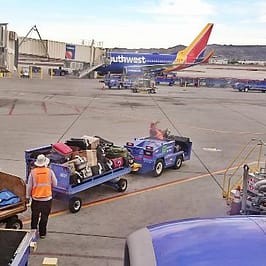 Ramp agents load passenger luggage and cargo onto Southwest Airlines flight at Phoenix Sky Harbor Airport