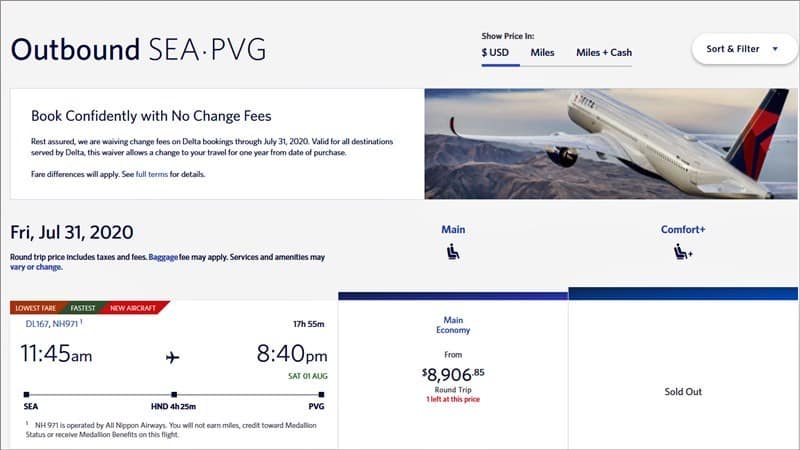 Delta Airlines price to fly to China